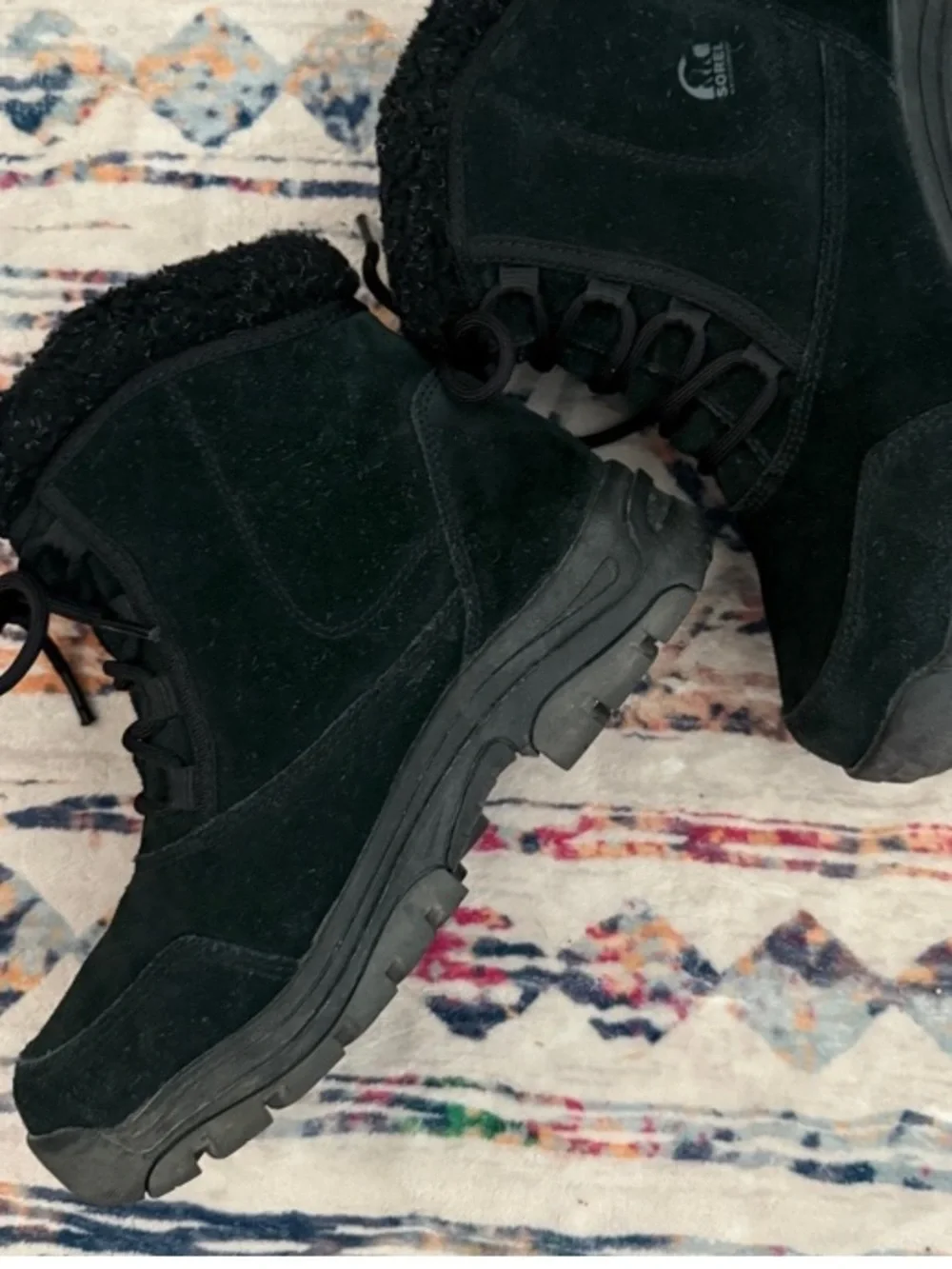 Sorel Waterfall Winter Boots black suede Leather Lace Up Faux Fur Lined
